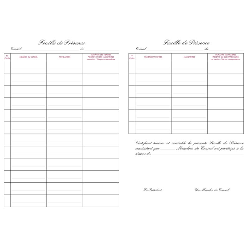 Aanwezigheidsregister voor de raad, 104 pagina's, 297 x 210 mm